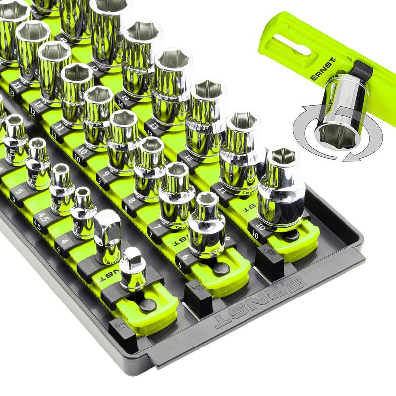 Ernst Manufacturing 8460HV Socket Boss 3-Rail Multi-Drive Socket Rail Organizer with Tray, 18-Inch, High-Visibility - Made in USA - Image 1